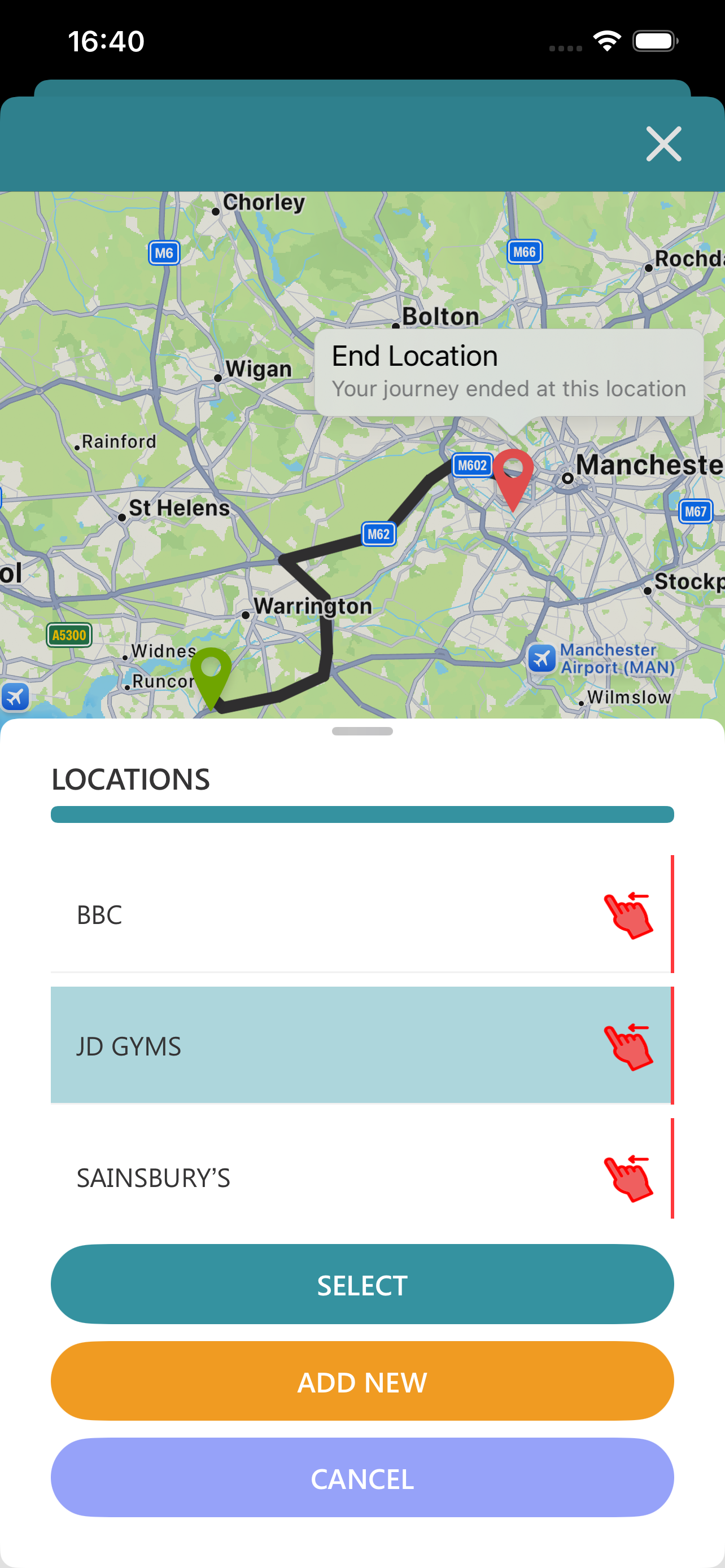 Choosing a saved location for a journey