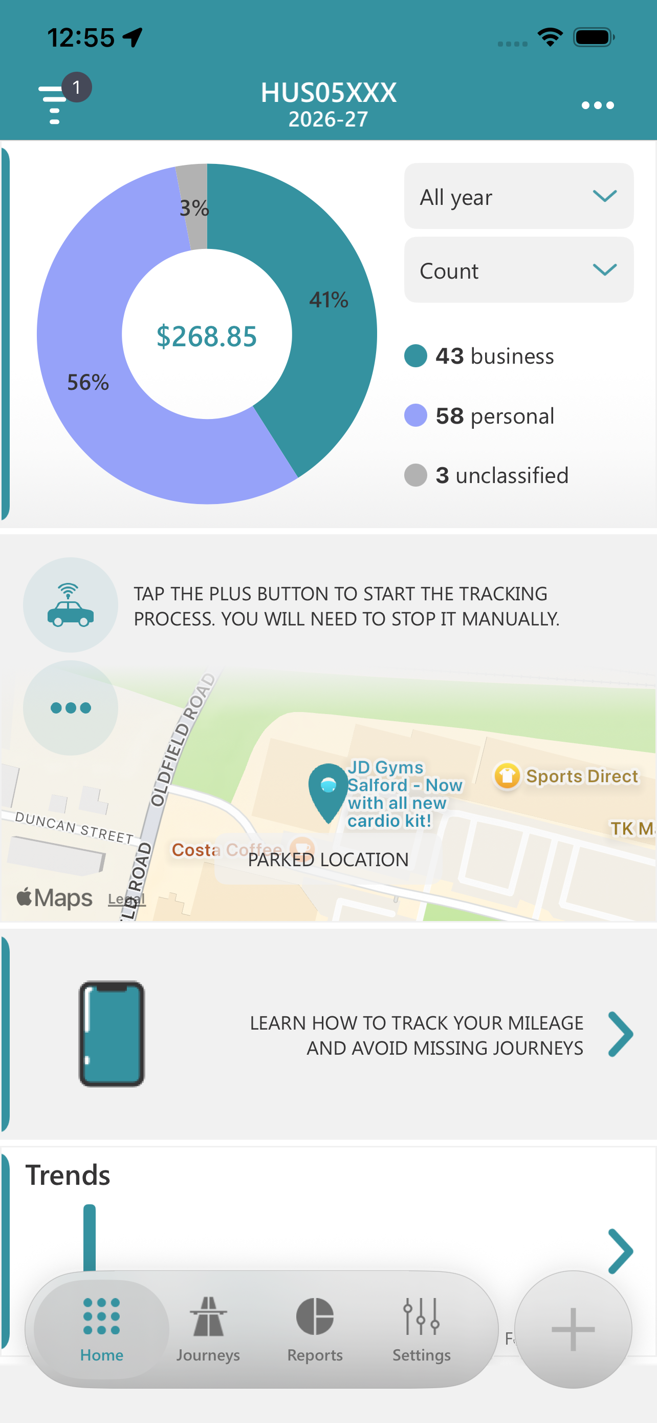 Dashboard with journey categories and a parked location map