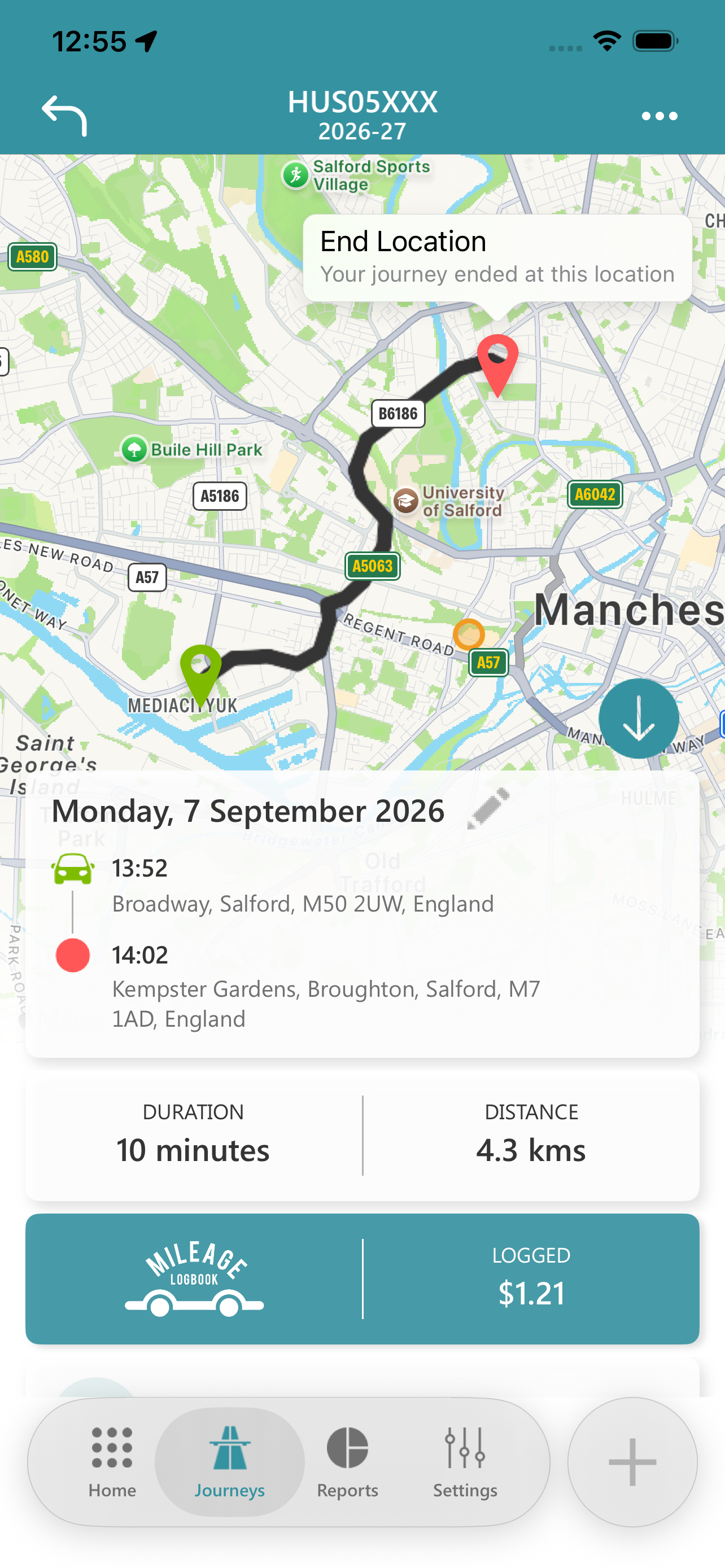 Recorded journey route with start and end locations
