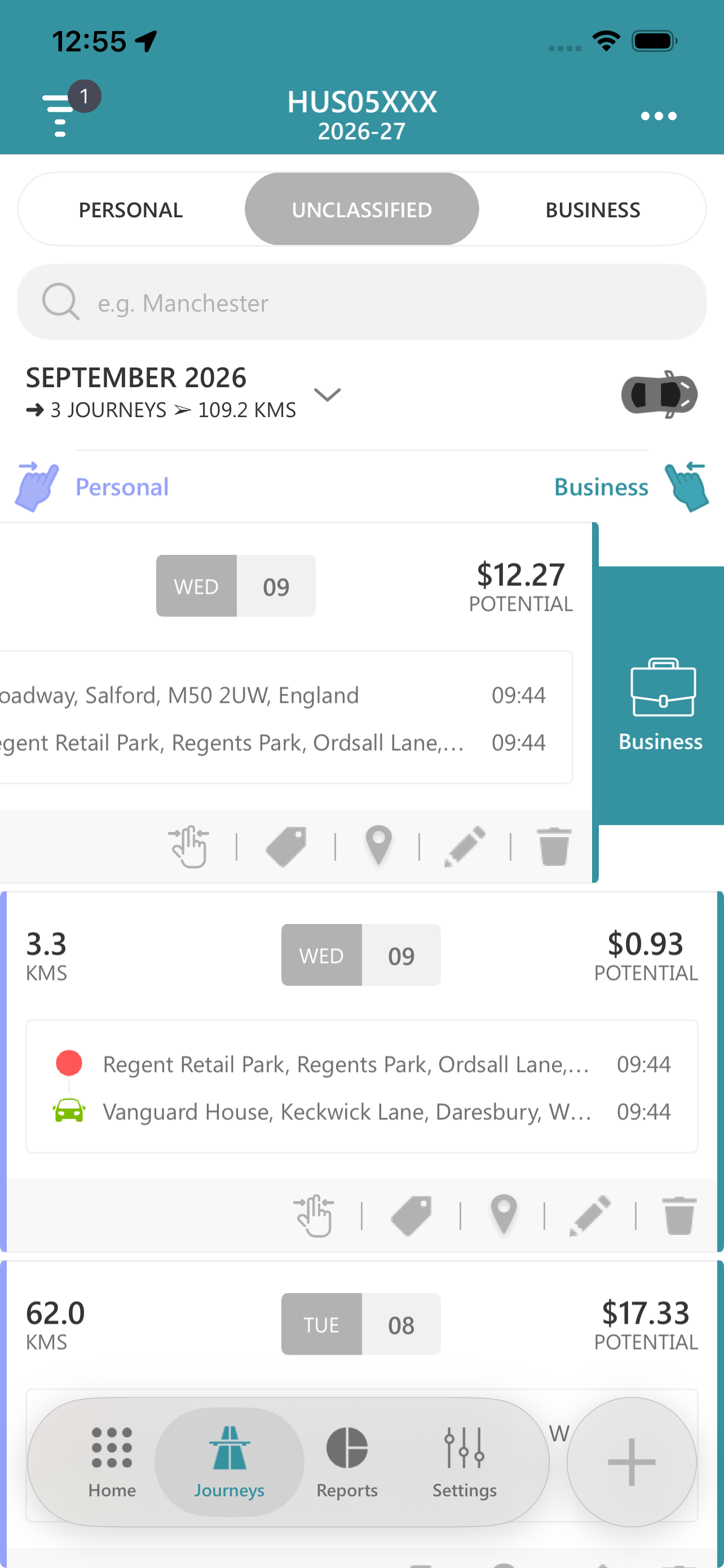 Classifying a journey as business or personal