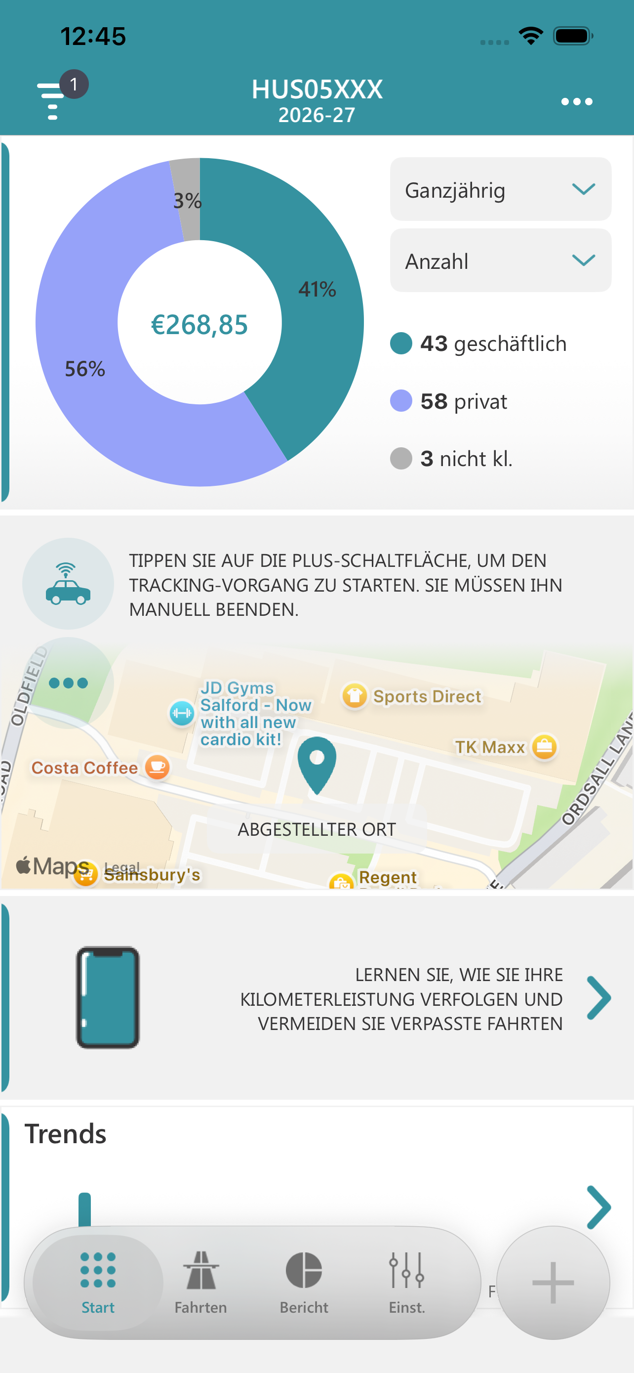 Fahrtenübersicht mit Fahrtenkategorien und Karte der Parkposition