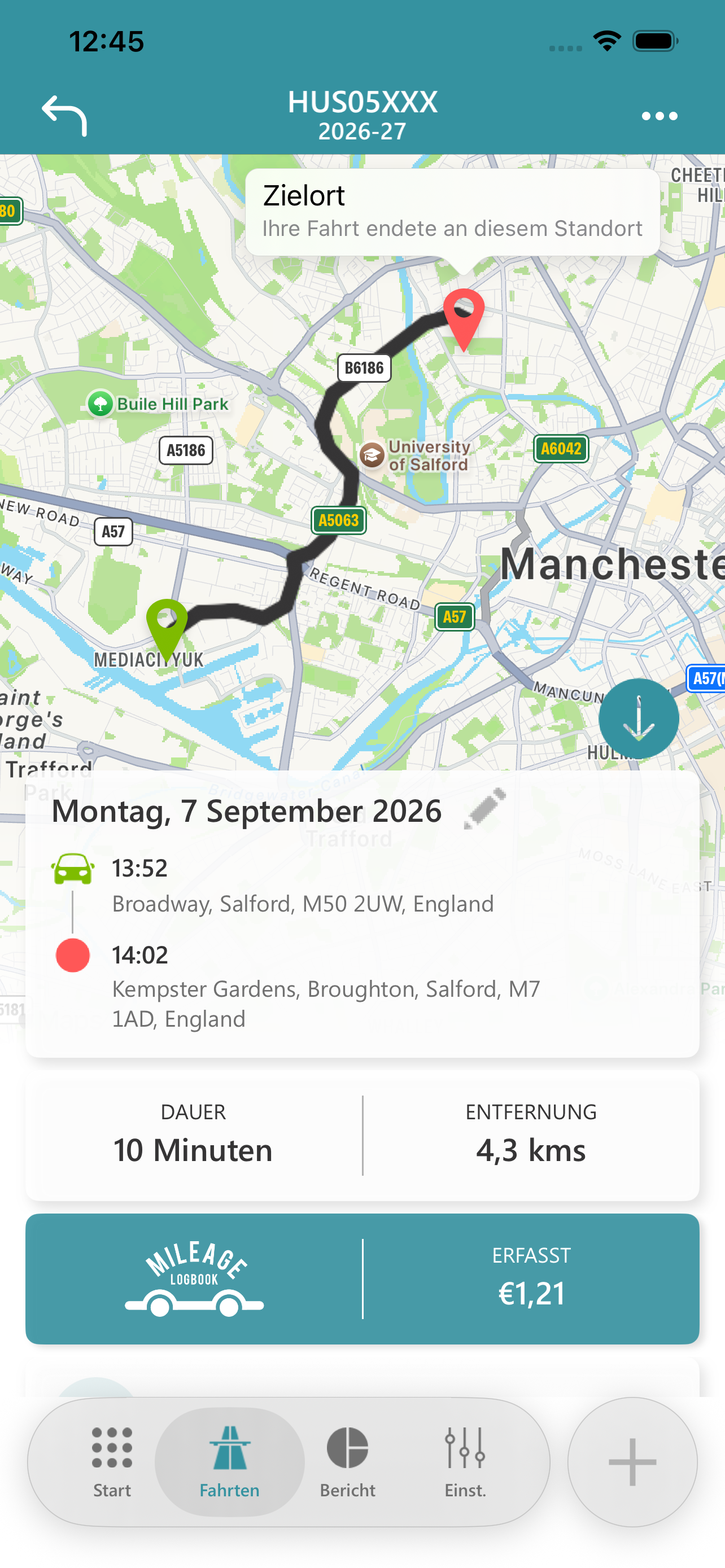Aufgezeichnete Fahrtroute mit Start- und Zielort