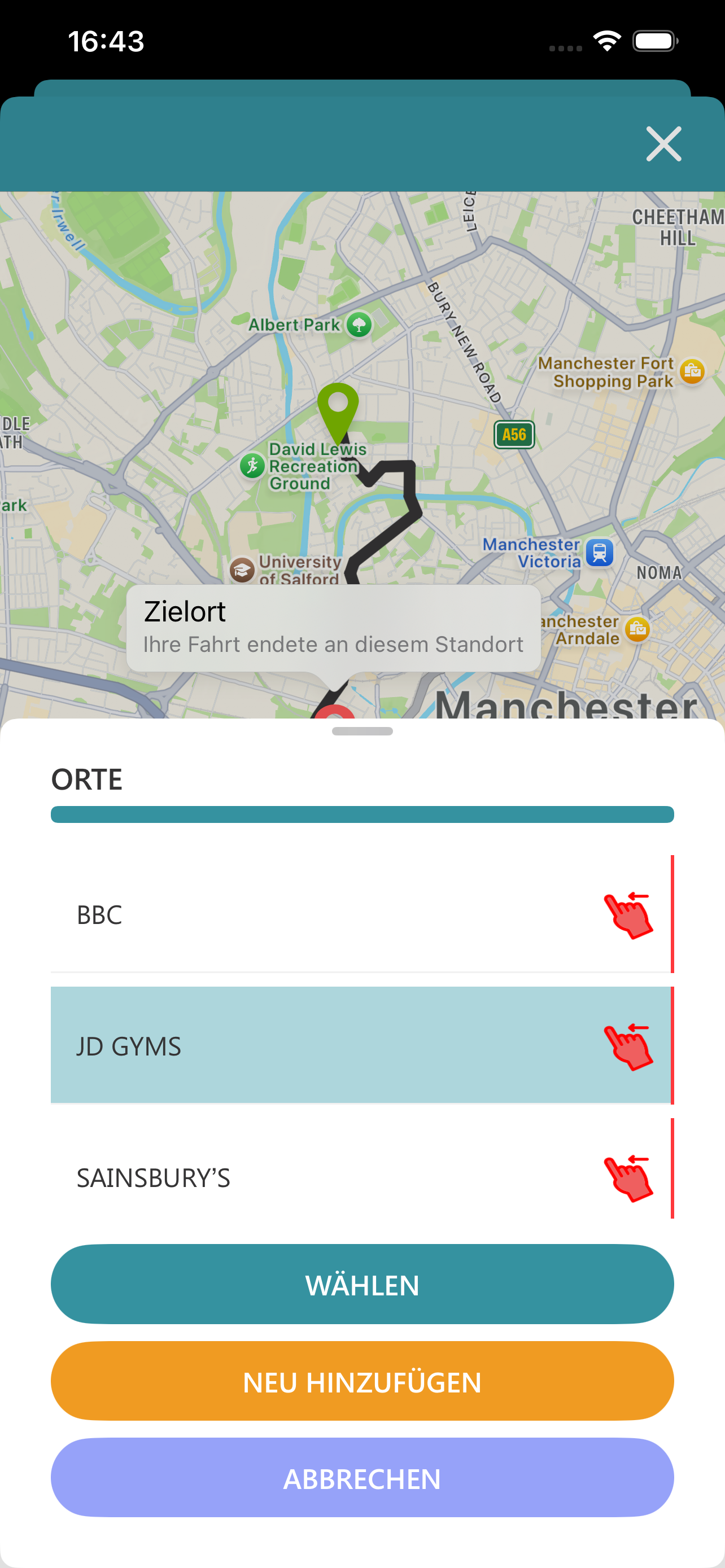 Gespeicherten Ort für eine Fahrt auswählen