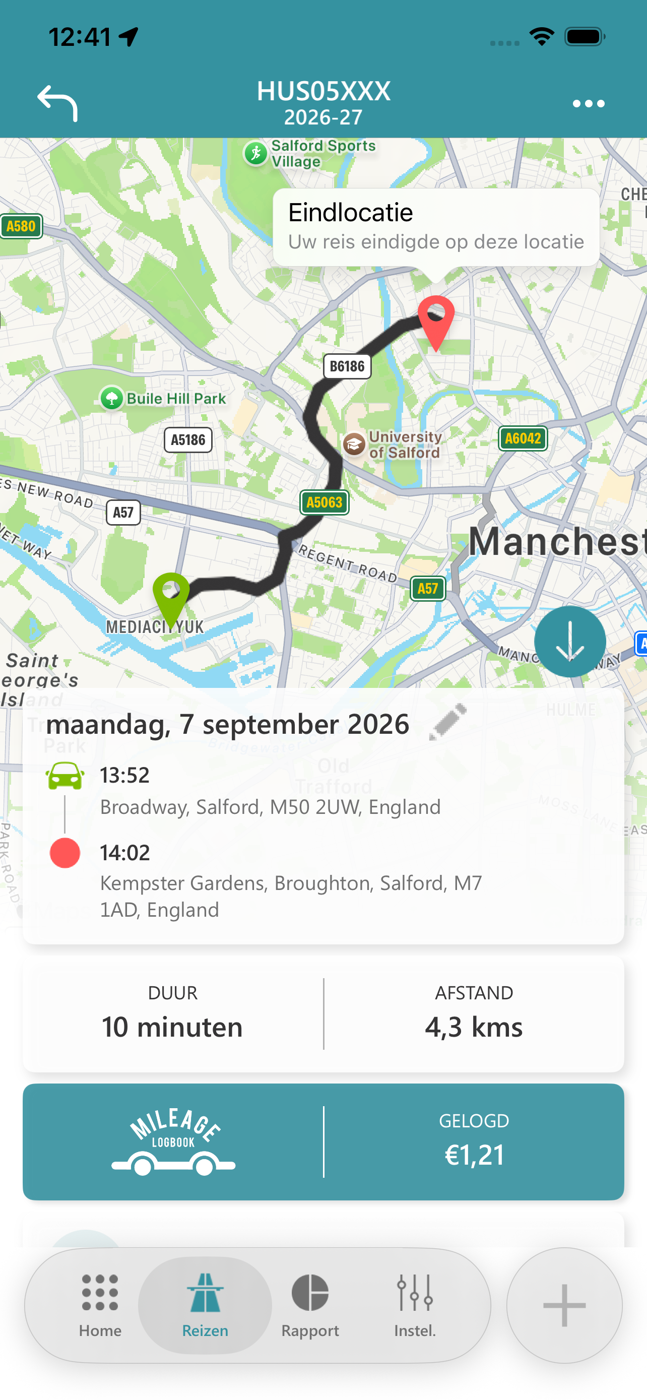 Geregistreerde ritroute met begin- en eindlocatie