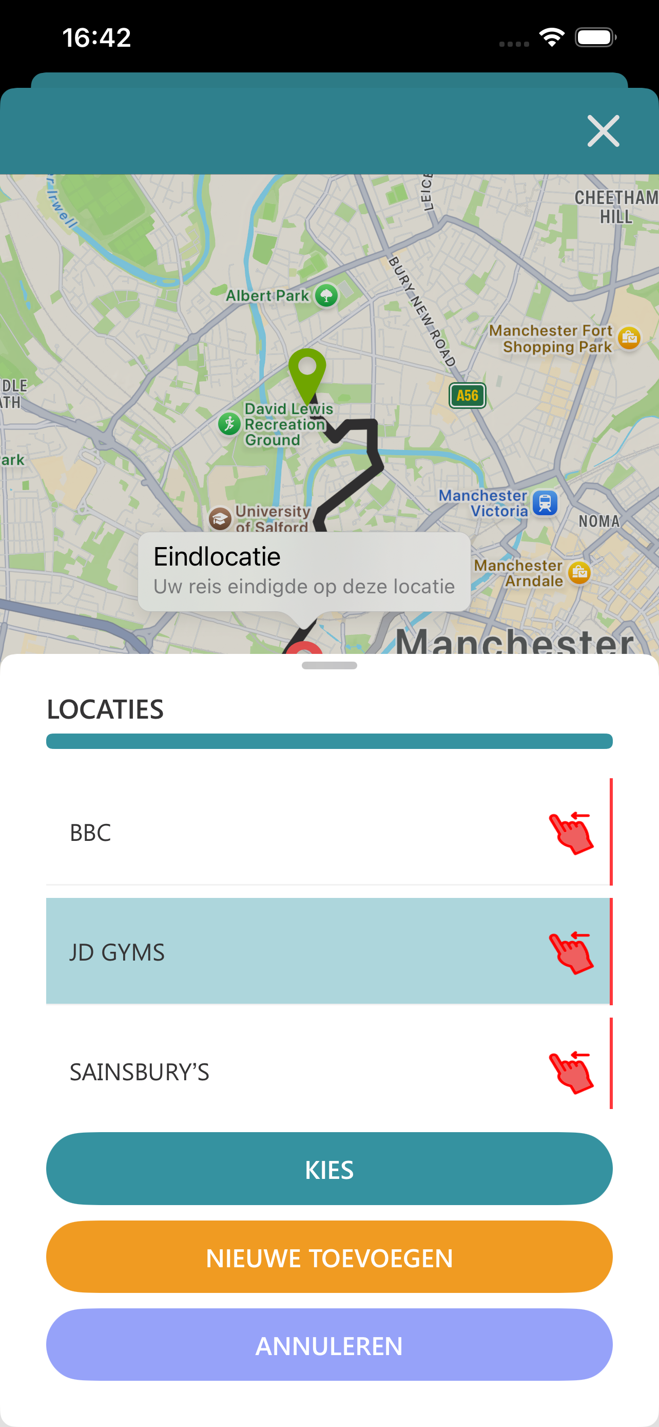 Een opgeslagen locatie voor een rit kiezen