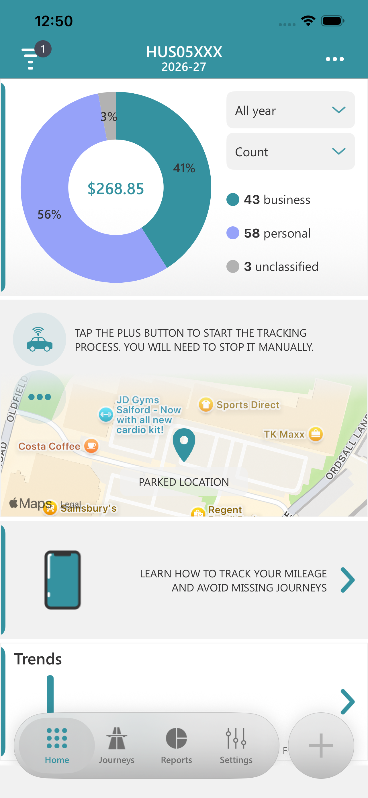 Dashboard with journey categories and a parked location map