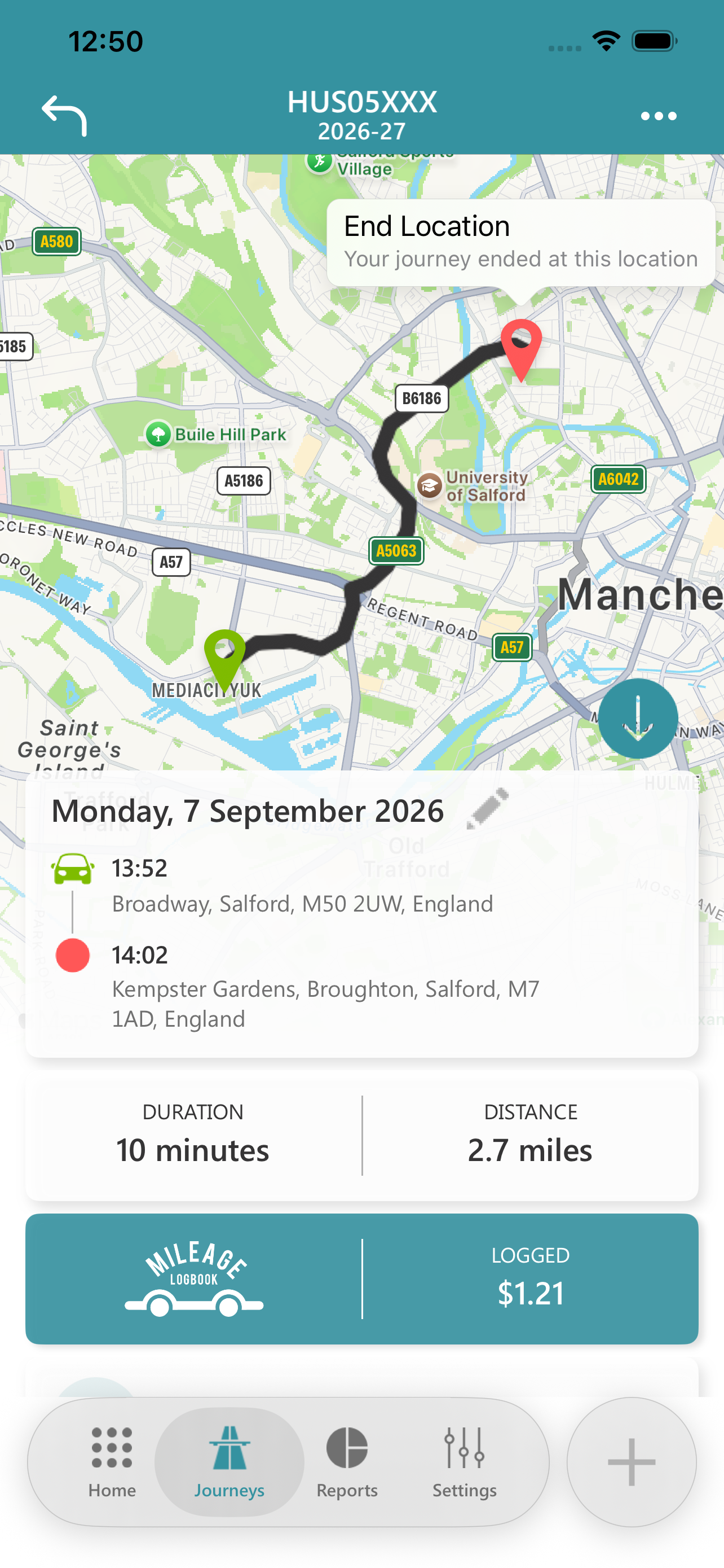 Recorded journey route with start and end locations